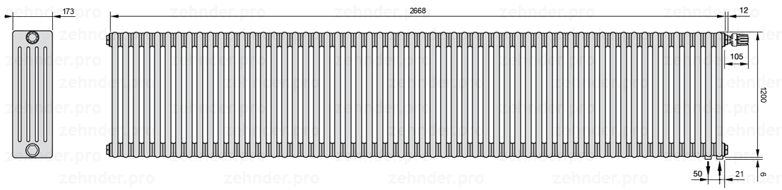 Схема (чертеж) Радиатор Zehnder Charleston 5120/58 №V002 Белый глянцевый RAL 9016
